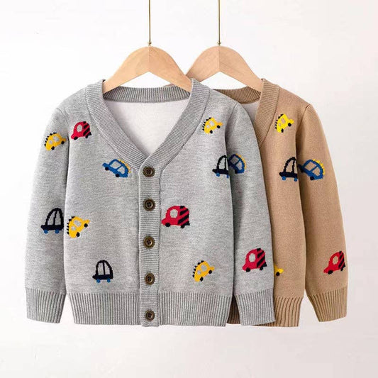 Boys Car Pattern V-Collar Cardigan