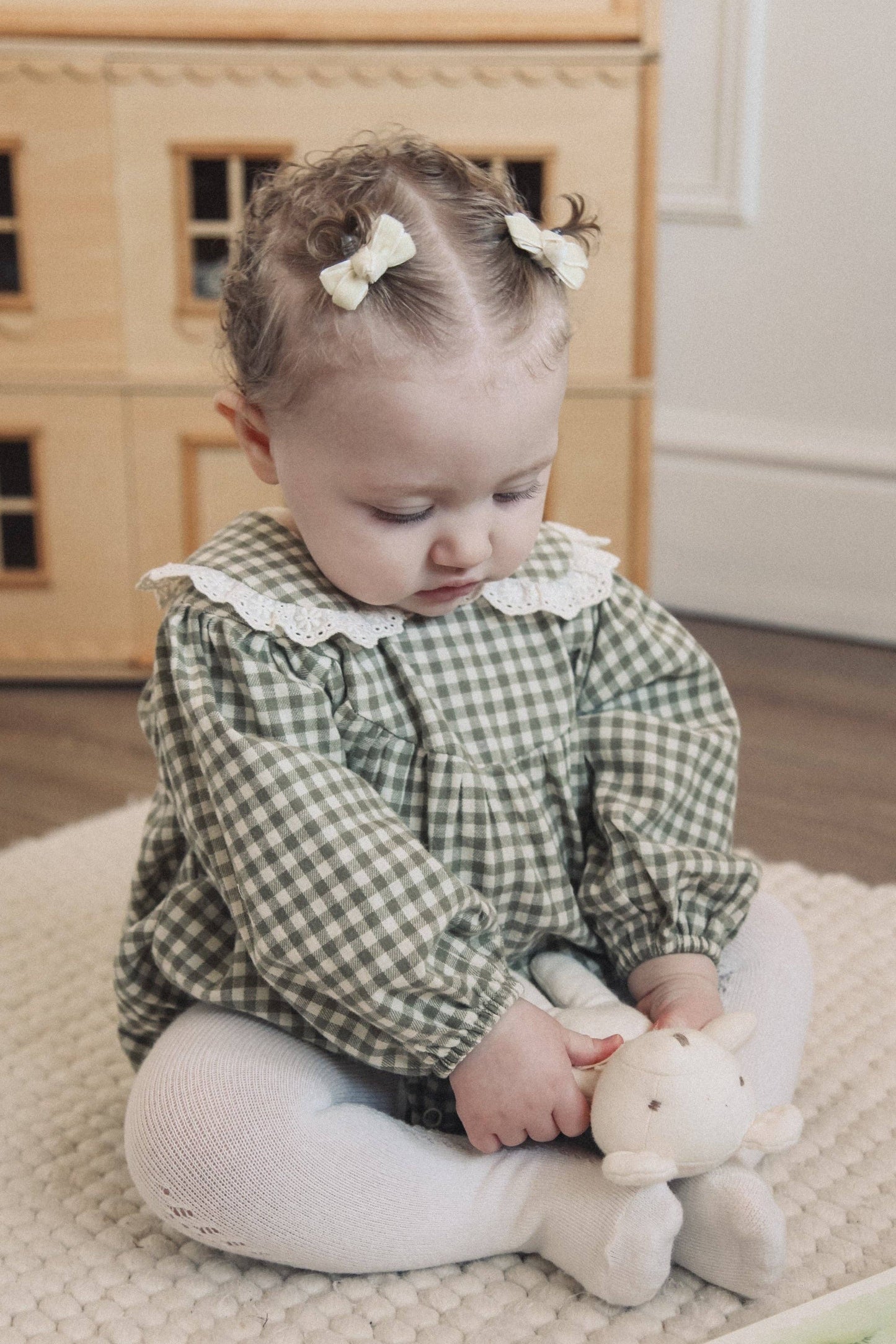 Baby & Child - Minnie & Monty - Sage Green/Gingham Frill Collar Romper