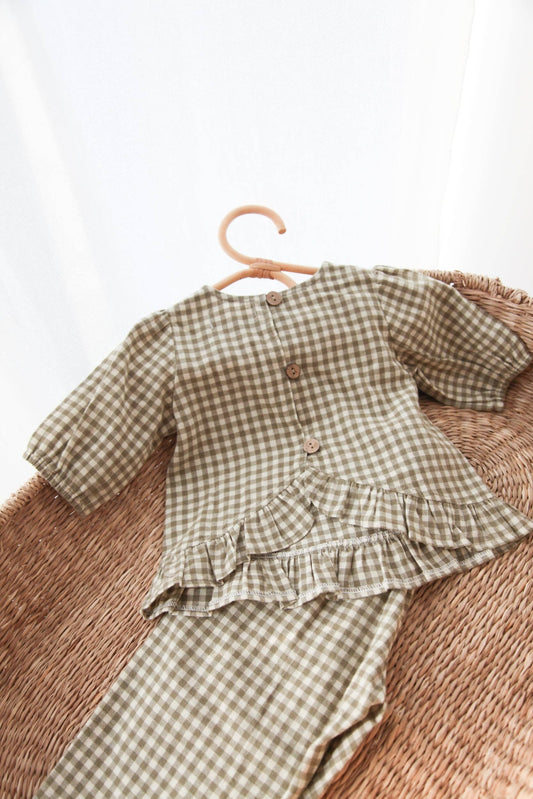 Baby & Child - Minnie & Monty - Sage/Green Gingham Cotton Frill Button Back Top