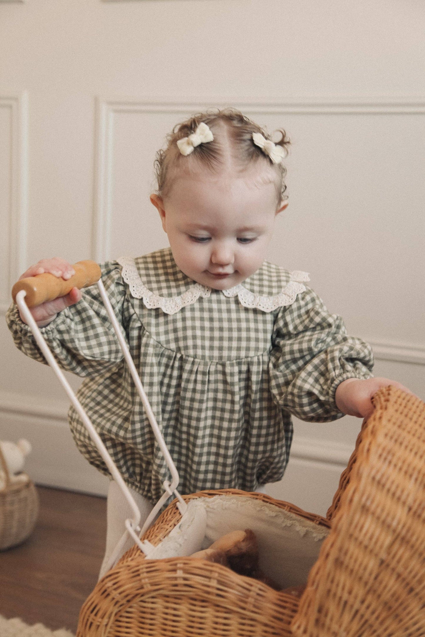 Baby & Child - Minnie & Monty - Sage Green/Gingham Frill Collar Romper
