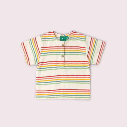 Cream Rainbow Loose Fit Short Sleeve Henley Top -Little Green Radicals