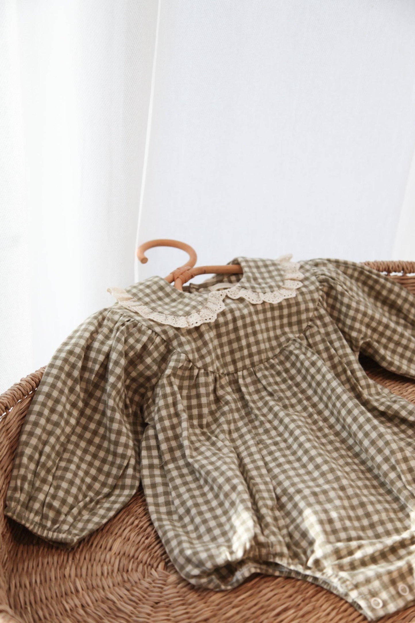 Baby & Child - Minnie & Monty - Sage Green/Gingham Frill Collar Romper