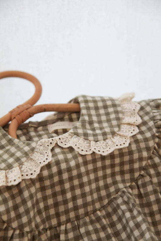 Baby & Child - Minnie & Monty - Sage Green/Gingham Frill Collar Romper