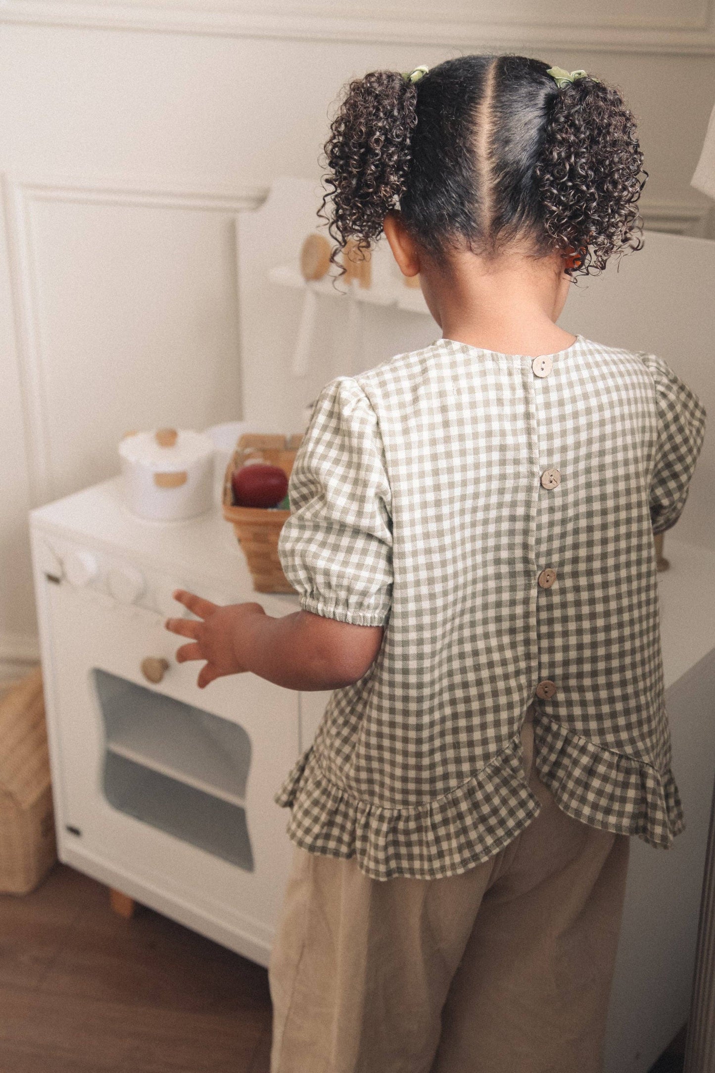 Baby & Child - Minnie & Monty - Sage/Green Gingham Cotton Frill Button Back Top