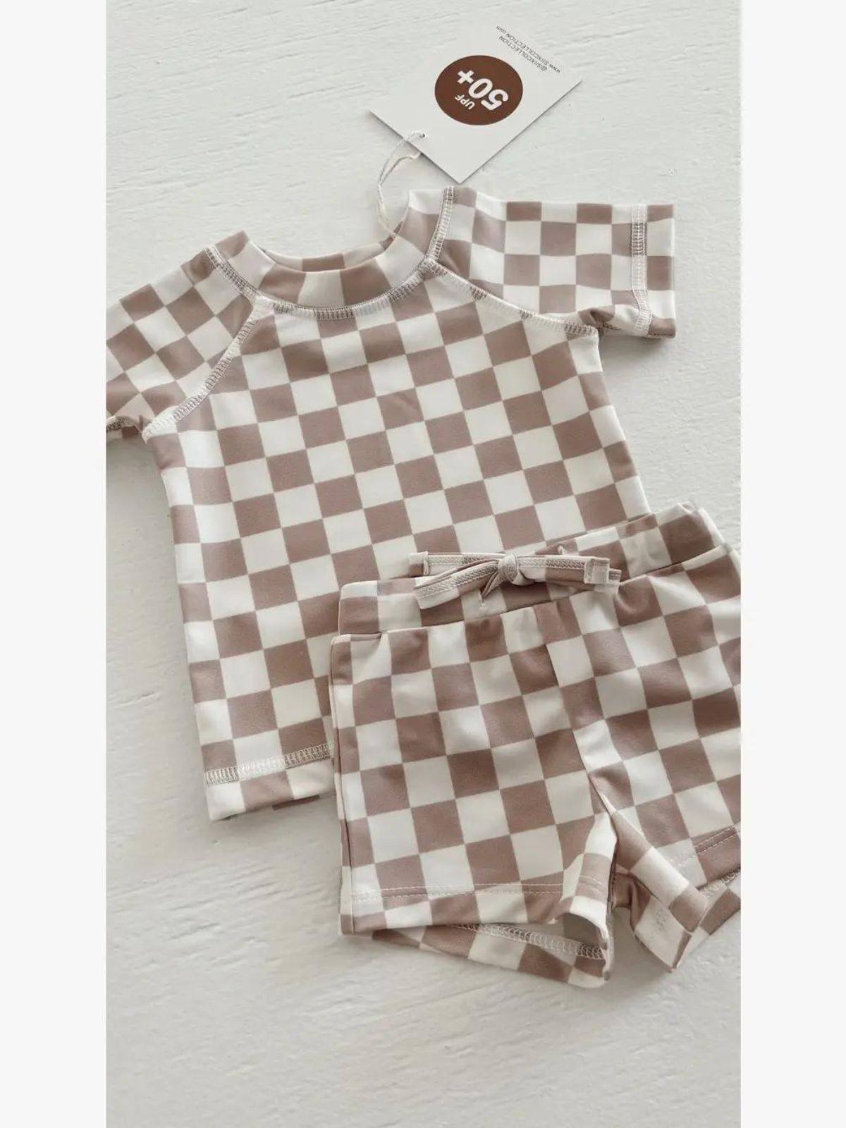 Childrens Swim - SIIX Collection - Tiramisu Checkerboard  Rashguard Set / UPF 50+