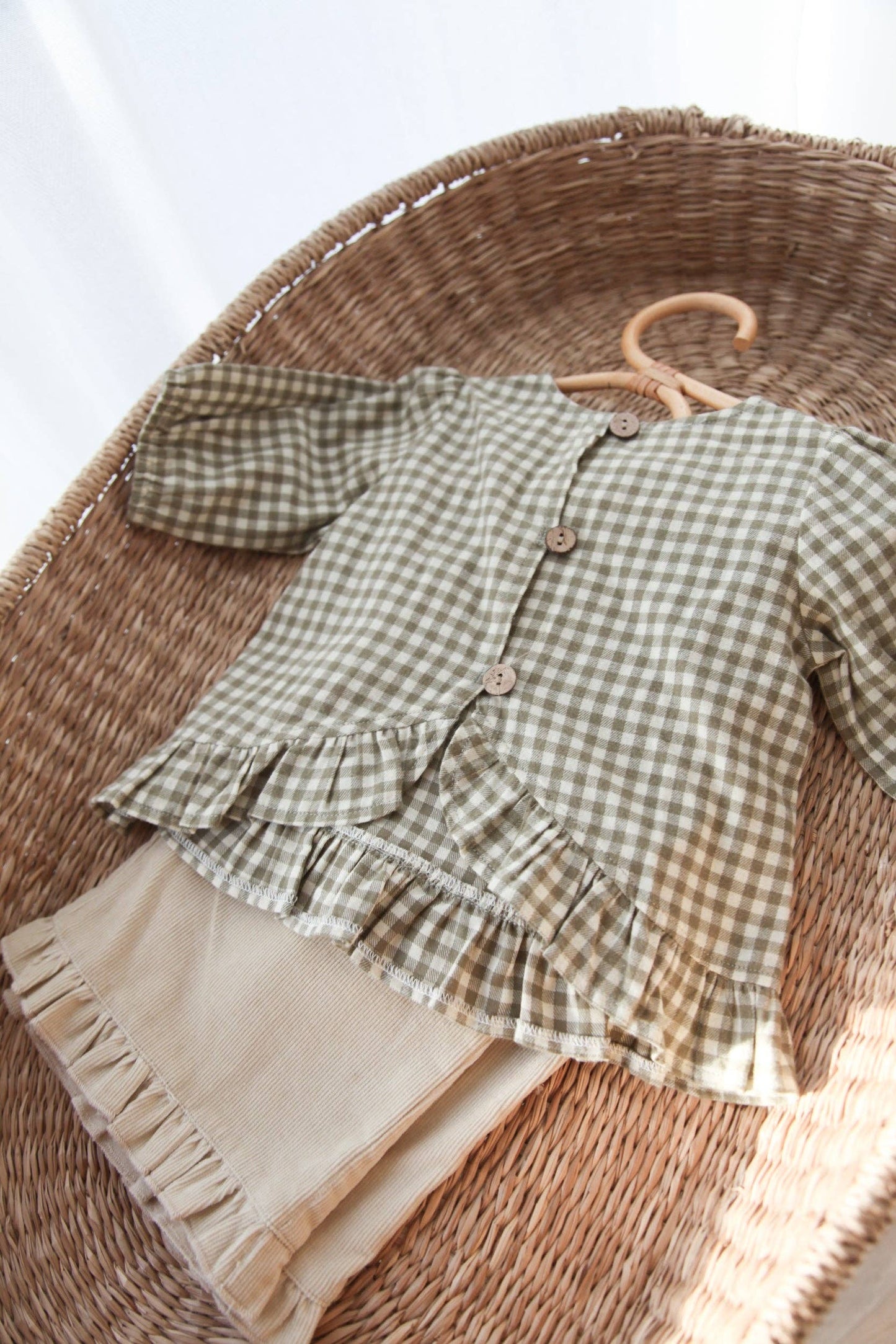 Baby & Child - Minnie & Monty - Sage/Green Gingham Cotton Frill Button Back Top