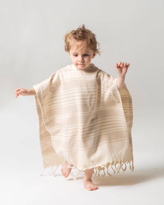 Children’s Hooded Poncho - Beige Striped
