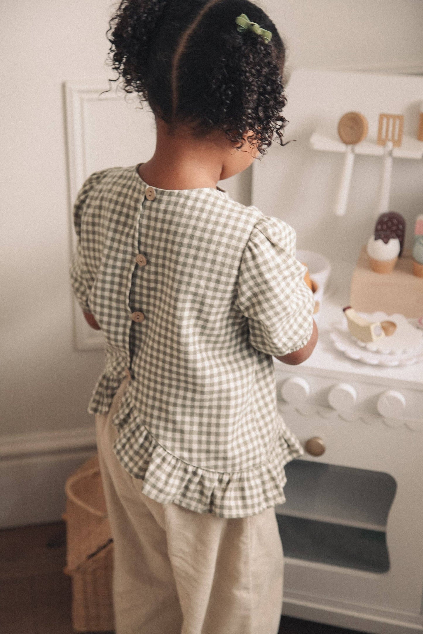 Baby & Child - Minnie & Monty - Sage/Green Gingham Cotton Frill Button Back Top