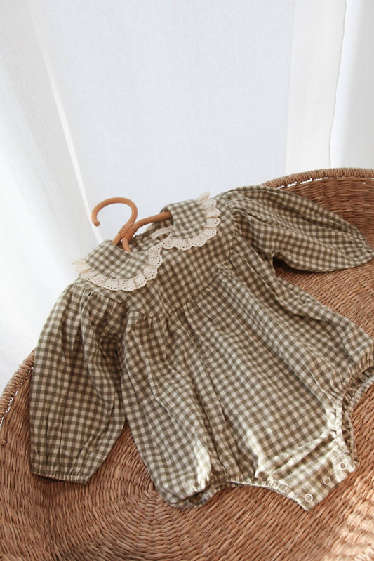 Baby & Child - Minnie & Monty - Sage Green/Gingham Frill Collar Romper