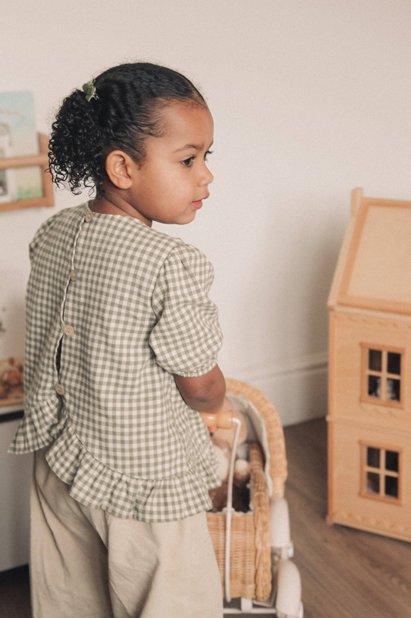 Baby & Child - Minnie & Monty - Sage/Green Gingham Cotton Frill Button Back Top