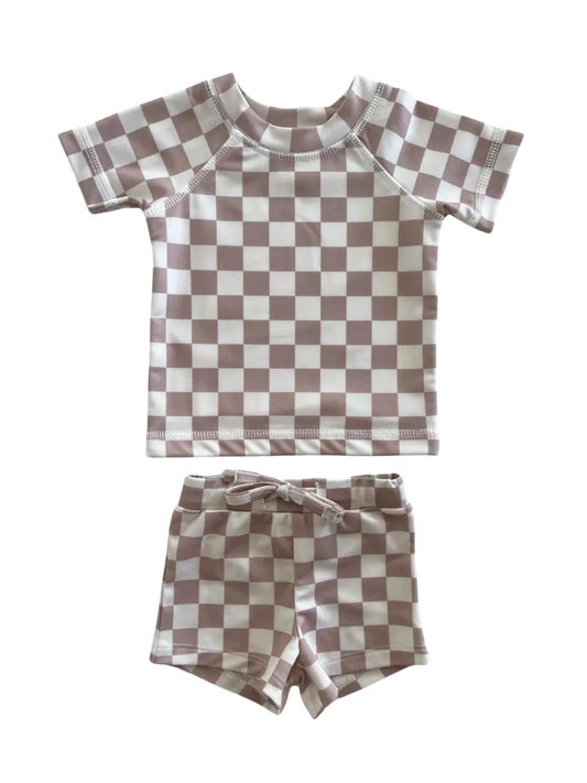 Childrens Swim - SIIX Collection - Tiramisu Checkerboard  Rashguard Set / UPF 50+